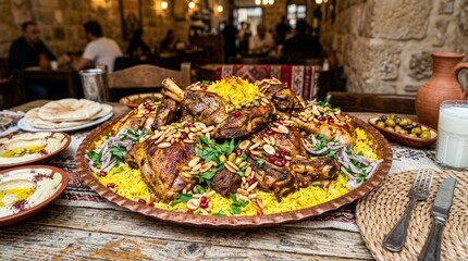 Obraz premium Traditional Middle Eastern lamb and rice dish with vegetables and nuts on a large plate served in a restaurant