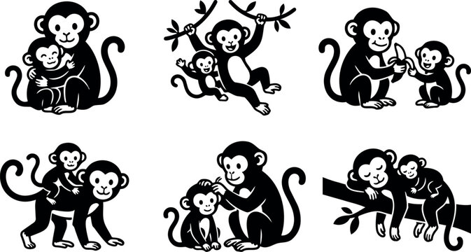 Black and white flat design vector monkeys playing climbing hanging hugging eating banana caring grooming resting on branch family