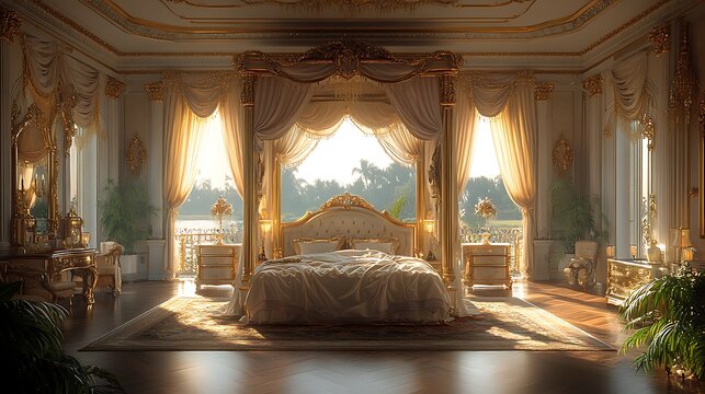 Luxurious Gold and White Bedroom with Garden View