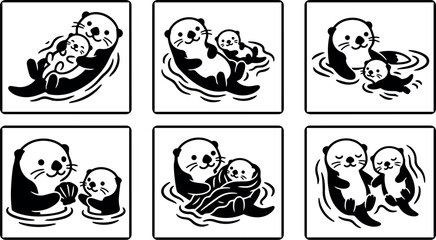 Obraz premium Black and white minimalist vector art of mother otter holding baby otter swimming and playing in water cute animal family illustrations