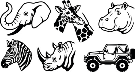 Fototapeta premium Black and white vector art of african animals and safari jeep featuring elephant giraffe hippo zebra rhino side views