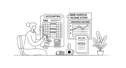 Vector illustration of a woman working on accounting and side hustle income