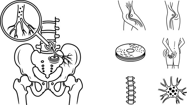Medical line art icon collection illustrating human spine anatomy with nerve pain and skeletal structures