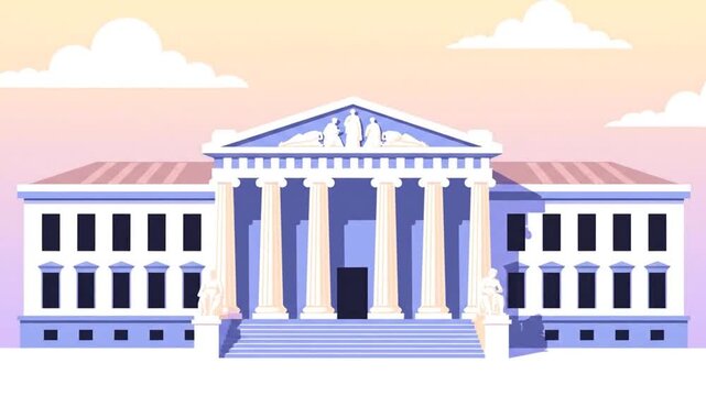 A large building with columns and a triangular roof stands against a pink sky with clouds.