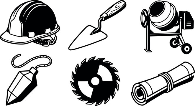 Detailed black and white vector icons of construction helmet trowel cement mixer plumb bob saw blade and rolled blueprint set