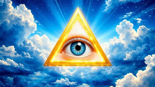 eye in triangle against cloudy sky