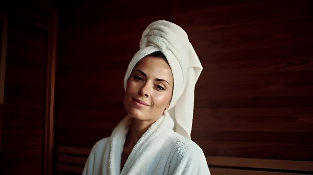 Therapy stress release treatment, health lifestyle. A woman in a white robe with a white towel wrapped around her head, her eyes closed in a peaceful moment. The background is a warm brown.