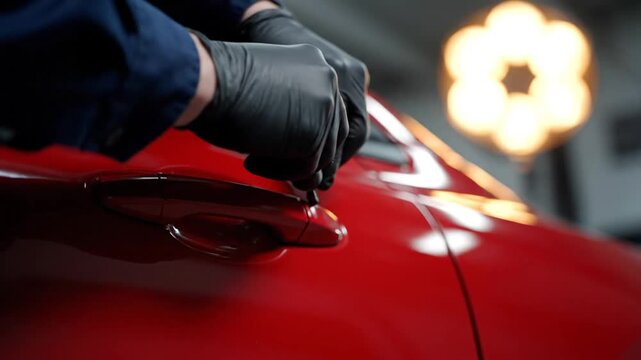 Mechanic's gloved hand polishing red car door handle with buffer