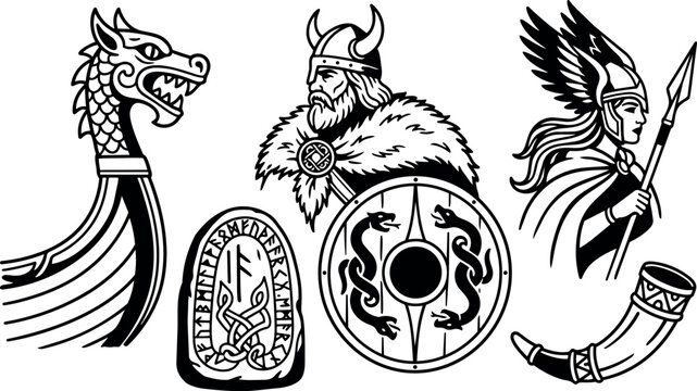 Black and white viking warrior with horned helmet shield runic stone dragon head longship prow valkyrie female warrior spear and drinking horn vector art