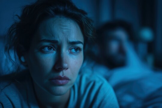 worried woman lying awake in bed at night with insomnia