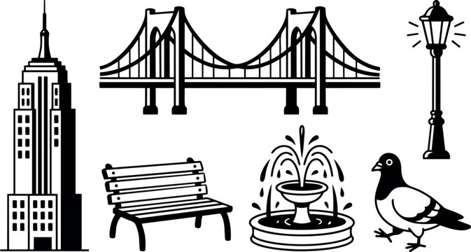 Black and white vector art of cityscape elements including empire state building bridge park bench fountain pigeon and street lamp design
