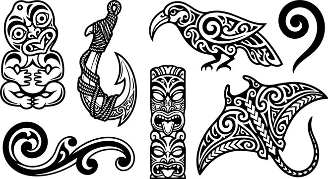 Maori tribal tattoo inspired black and white vector collection including tiki mask hook bird and manta ray designs in flat style