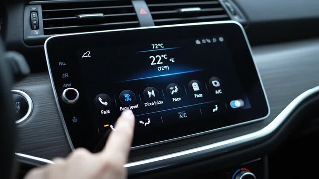 A hand interacts with the climate control touchscreen in a modern car's interior.