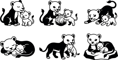Fototapeta premium Black and white minimalist vector art of lioness mother interacting with playful cubs in various nurturing poses simple animal family illustrations