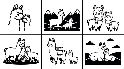 Fototapeta premium Cute vector art of adult and baby llamas in various poses including standing resting and wearing scarves with mountain backgrounds