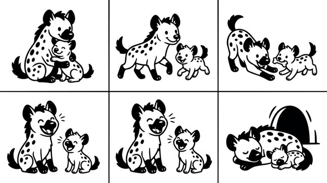 Black and white flat design cartoon hyena parent and cub playing hugging laughing and sleeping in den vector art