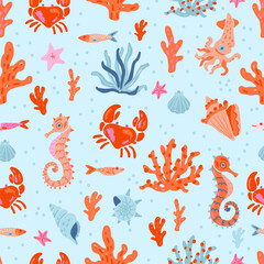 Hand draw ocean seamless pattern in vector format. Naive art sea animals with coral, crab and seahorse on light blue background © Diana