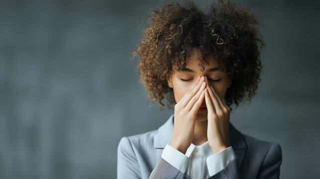 stressed businesswoman holding bridge of nose with eyes closed