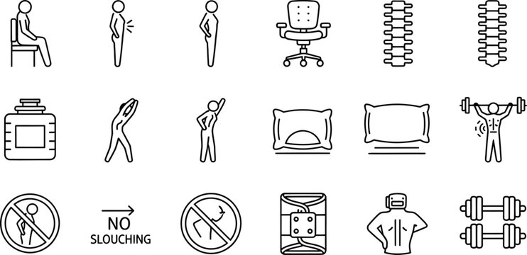 Comprehensive collection of back health and posture line icons illustrating ergonomic support exercise pain and prevention concepts on white