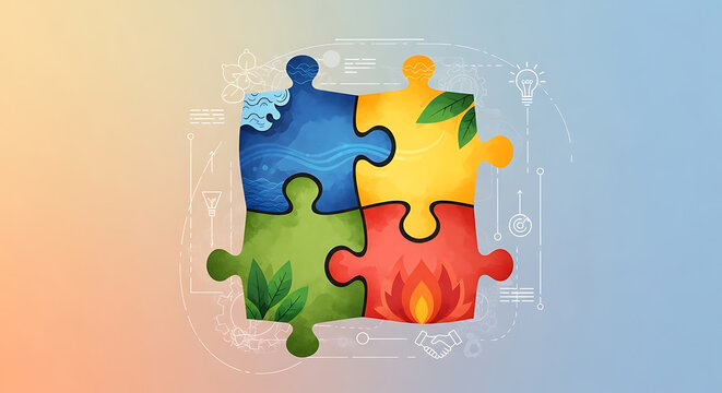 Four puzzle pieces representing elements with icons on transparent background high quality