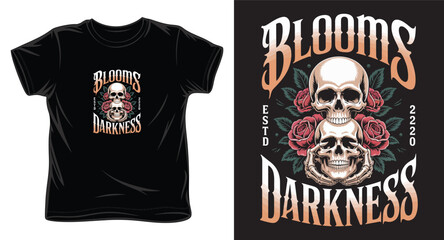 Fototapeta premium Vintage gothic t-shirt design with stacked skulls and blooming roses for streetwear apparel print