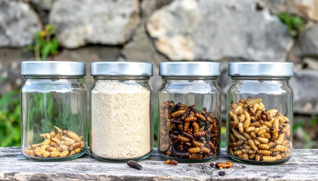 Diverse array of edible insect larvae dried and processed into flour presented in glass jars for sustainable protein