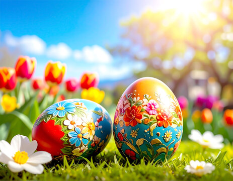 Bunte Ostereier auf Fr&uuml;hlingswiese vor Tulpen im Sonnenlicht