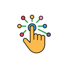A yellow hand pressing a blue button surrounded by colorful connected nodes