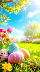 Fototapeta premium Bunte Ostereier auf Frühlingswiese vor Tulpen im Sonnenlicht