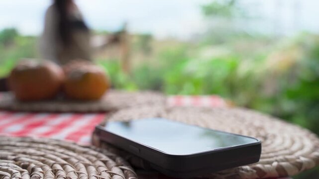 phone cel in the firts shot with garder woman in background watering the plants vertical