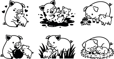 Obraz premium Cute pig mother and piglet playing in mud eating apple smelling mushroom lying together in nest set of six charming illustrations