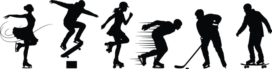 Skating and boarding silhouettes, figure skater spin, skateboard trick, roller skater motion, speed skater, ice hockey player, adaptive skateboard rider © Hello World