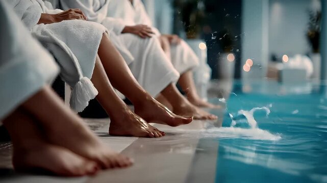 Therapy stress release treatment, health lifestyle. A group of people in white robes sitting on the edge of a swimming pool, their feet submerged in the water. The background is slightly blurred.