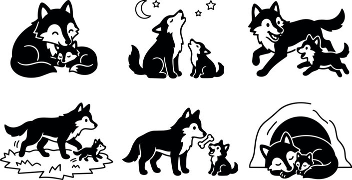 Black and white vector art of happy wolf parent playing and nurturing wolf pup in nature with night howling and resting den scenes