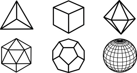 Fototapeta na wymiar Minimalist black line art six basic geometric shapes including tetrahedron cube octahedron icosahedron dodecahedron and sphere icons on white