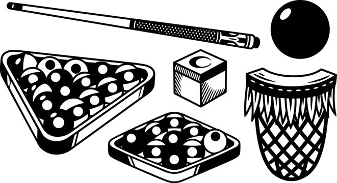 Black and white vector art of billiard balls pool cue chalk triangular rack and pocket line art design