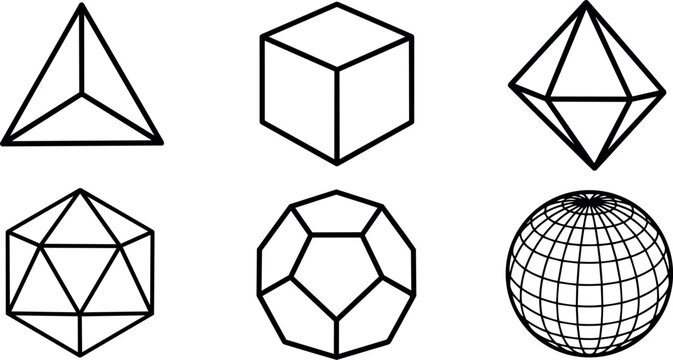 Minimalist black line art six basic geometric shapes including tetrahedron cube octahedron icosahedron dodecahedron and sphere icons on white