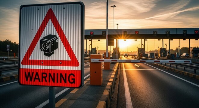 Tollway Sign And Sunset Over A Road Showing A Warning About Surveillance Cameras