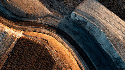 Plowed farmland aerial, textured soil with sunlight creating shadows, emphasizing agricultural textures, natural patterns, and geometric landscape patterns. © MD