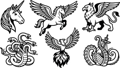 Obraz premium Black and white line art mythical creatures including unicorn head flying pegasus griffin hydra phoenix and kraken attacking ship vector set