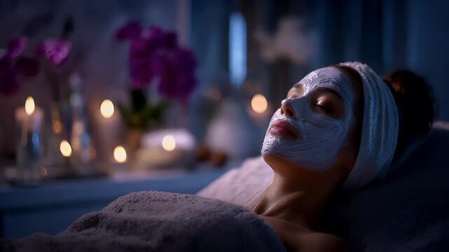 Therapy stress release treatment, health lifestyle. A woman lying down with a white facial mask on her face, wrapped in a white cloth, surrounded by a blurred background of flowers and candles.