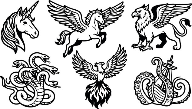Black and white line art mythical creatures including unicorn head flying pegasus griffin hydra phoenix and kraken attacking ship vector set