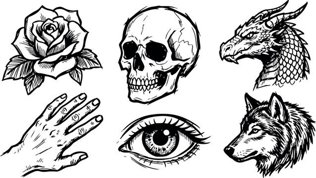 Tattoo flash style detailed skull dragon wolf rose hand and eye vector art collection in black and white line drawing