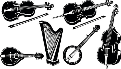 Plakat Black and white flat design collection of string musical instruments including violin cello harp mandolin banjo and bows isolated on white background