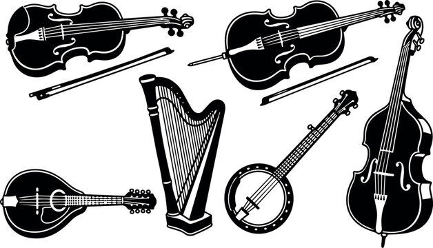 Black and white flat design collection of string musical instruments including violin cello harp mandolin banjo and bows isolated on white background