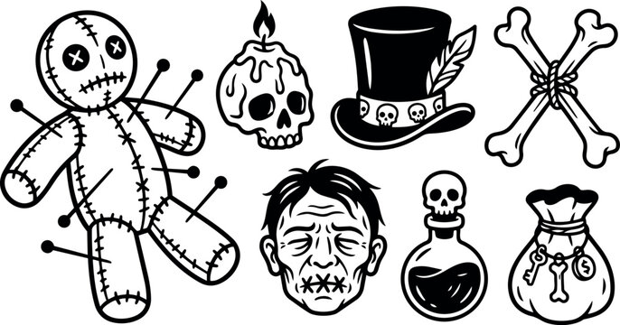 Black and white vector art of voodoo doll with pins skull candle tophat with skulls crossed bones old man face and potion bottle with magic bag icons
