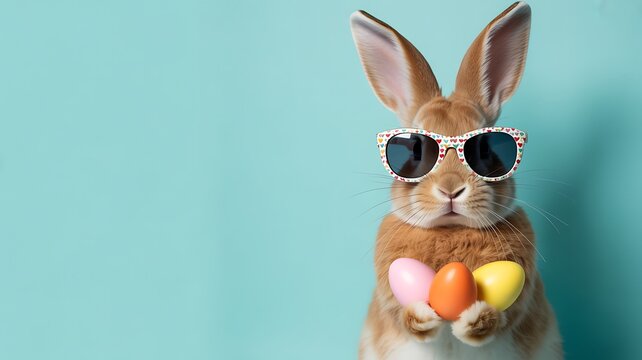 Easter bunny wearing sunglasses holding colorful eggs