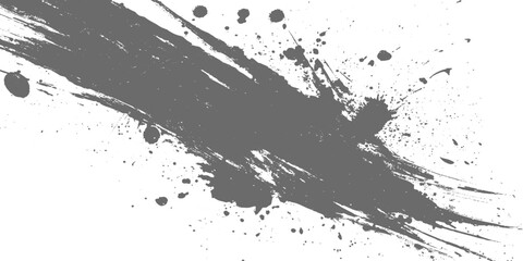 Black grunge brush stroke with paint splatter on light gray background, rough textured ink swipe, minimalist abstract design vector illustration.