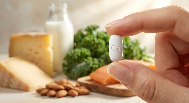 Hand holding a white calcium supplement capsule in front of natural calcium-rich foods like milk, cheese, broccoli, almonds, and leafy greens for bone health concepts