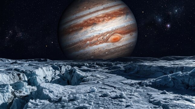 Jupiter gas giant with Great Red Spot appears over frozen moonscape